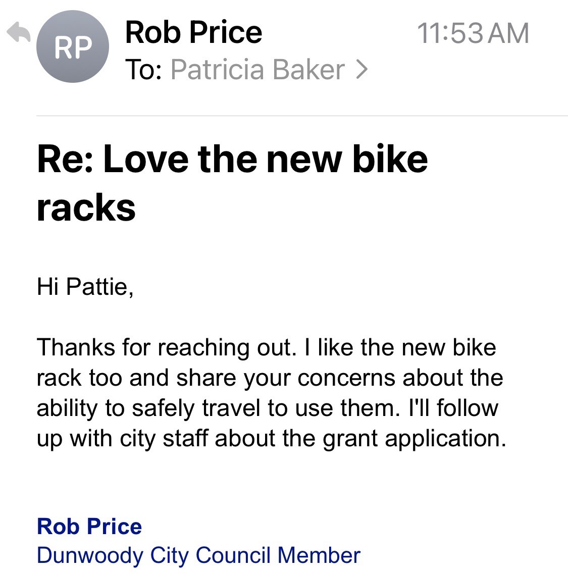 Email from City of Dunwoody, Georgia, USA city councilor agreeing with unsafe bike lanes and need for grant